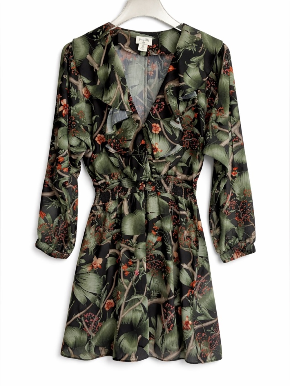 Johanna Ortiz x H&M Floral Mini Dress Black Green Tropical Long Sleeve S